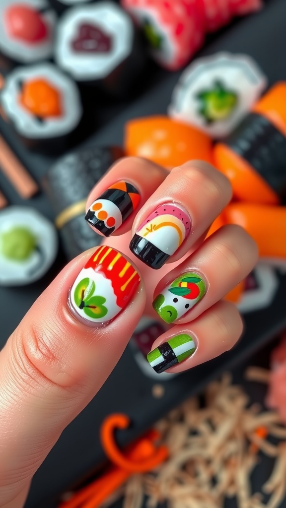 Colorful sushi nail art on manicured nails, displaying various sushi designs against a sushi platter backdrop.